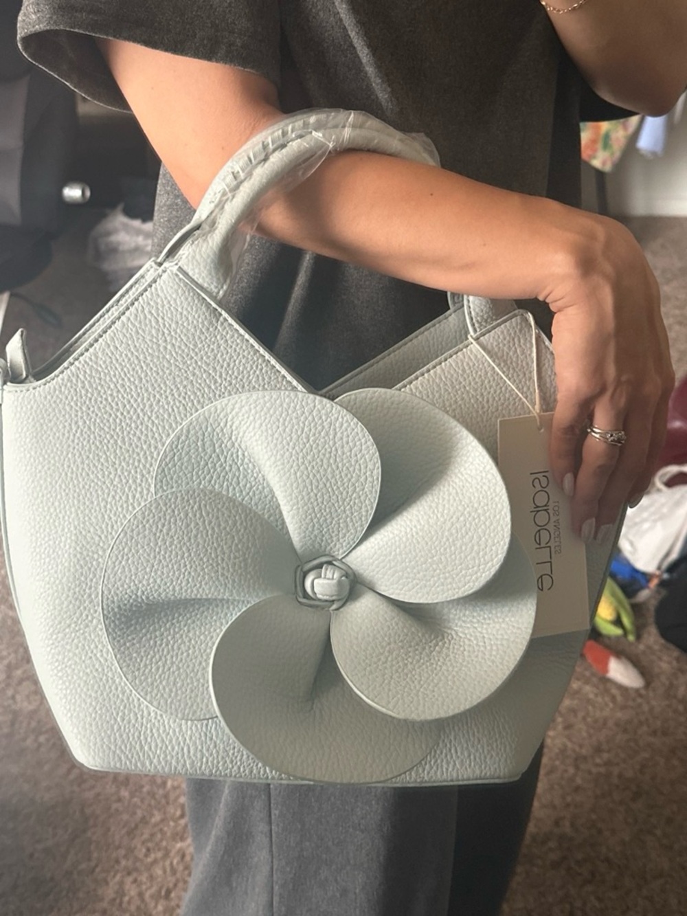 Chic Floral Applique Shoulder Bag in Pale Blue